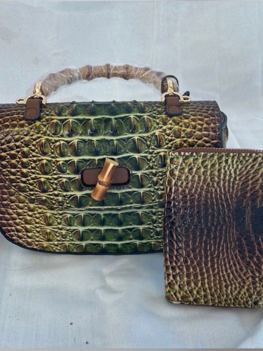 Green + Brown Crocodile crossbody purse  with wallet